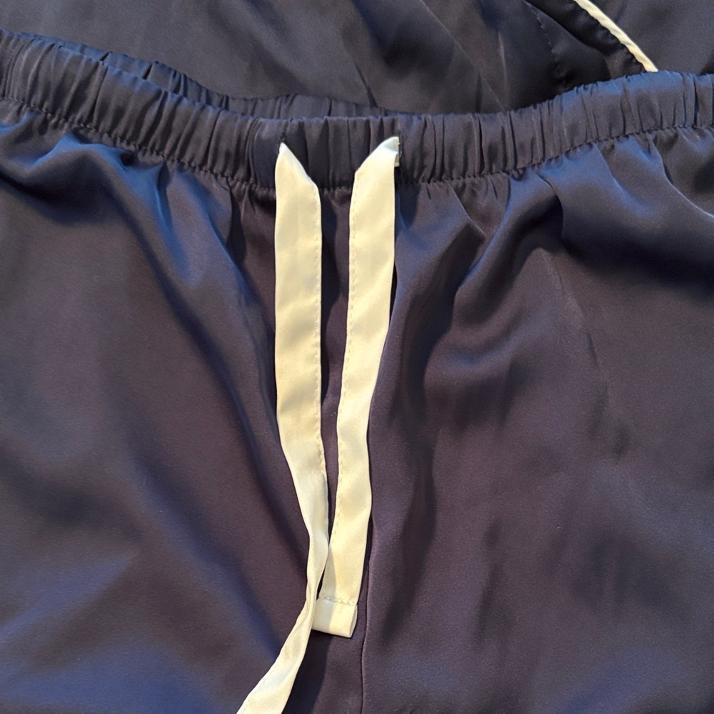 Elegant Navy Satin Pajama Set with white Accents size medium - Picture 2 of 5